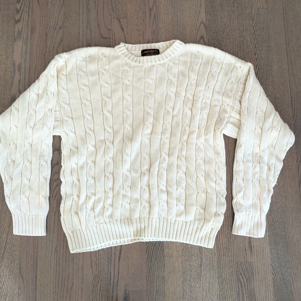 Vintage Eddie Bauer Mens XL Fisherman Cable Knit Sweater Cotton Cream White